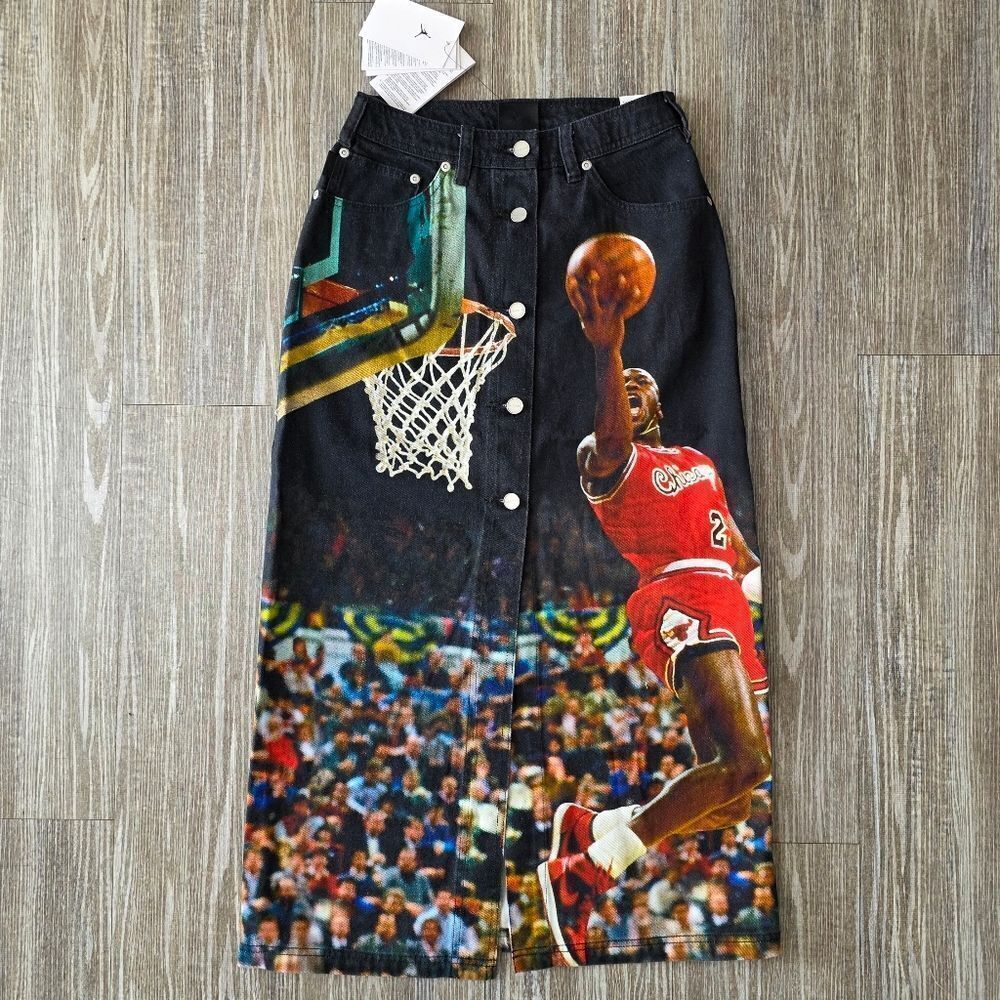 Air Jordan Printed Midi Skirt Denim Jean Women's XS Black Red Bulls FZ9288-010